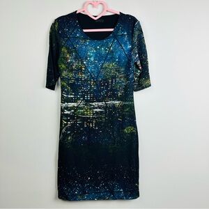 Osklen Chic Blue and Green City View Sheath Dress with 3/4 Sleeves Size Small